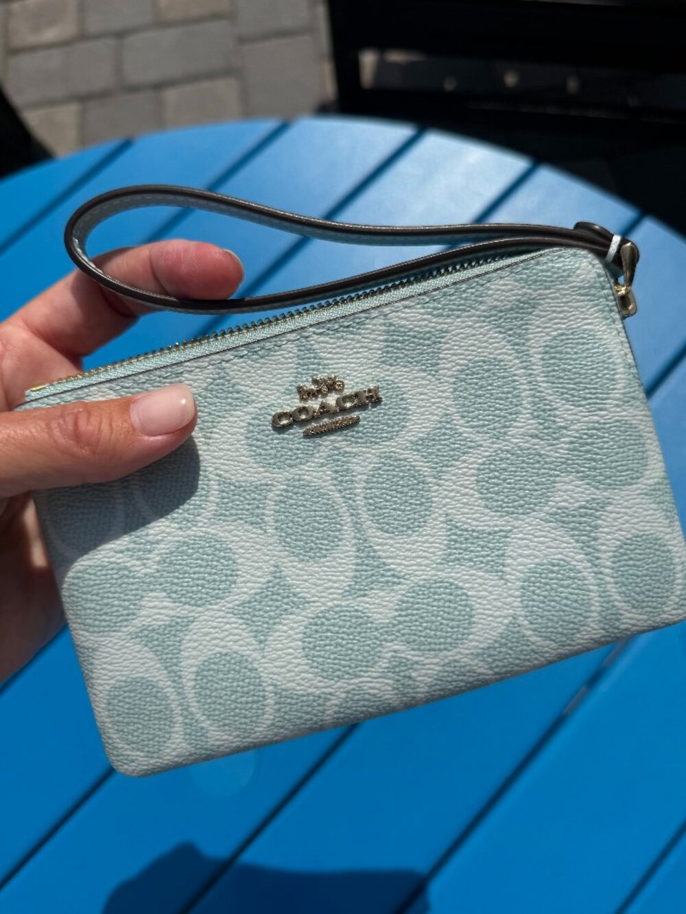 NWT Coach Signature Patent Leather Coastal Blue Wristlet Zip Around Wallet NEW!